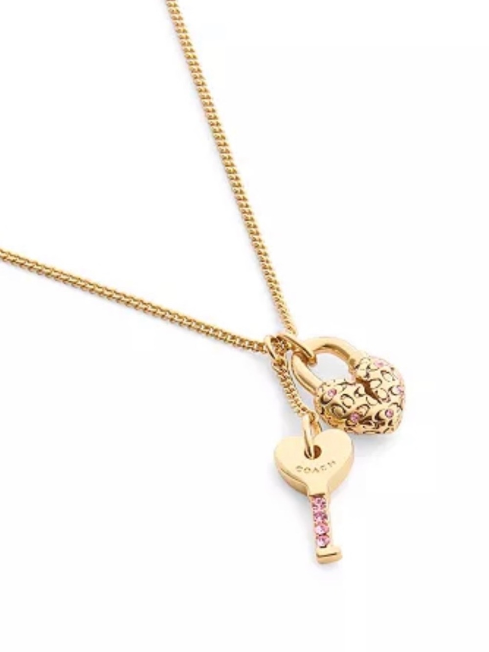 COACH pink logo Charming Charms Signature Padlock Key Pendant Necklace NWT